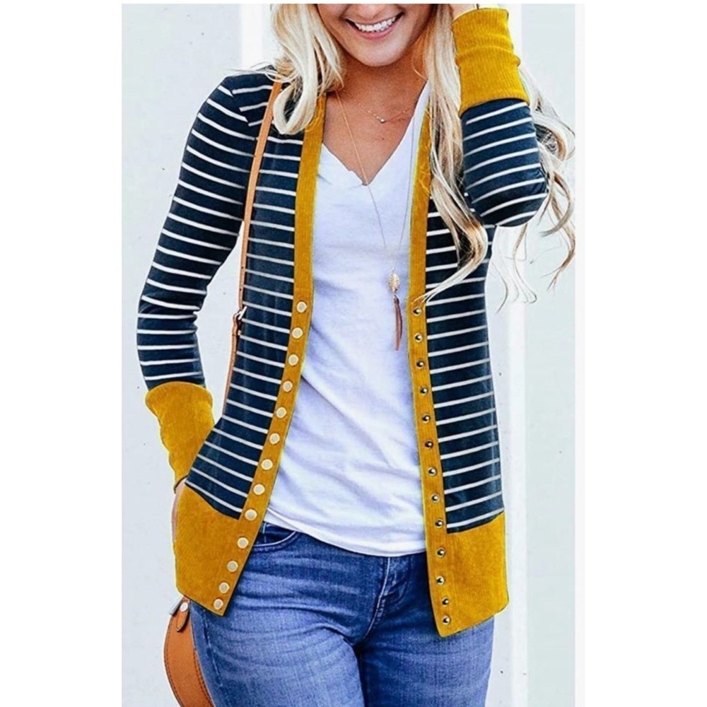 Hawthorne Cardigan Sweater Womens 2X Navy Blue White Striped Mustard Yellow Trim